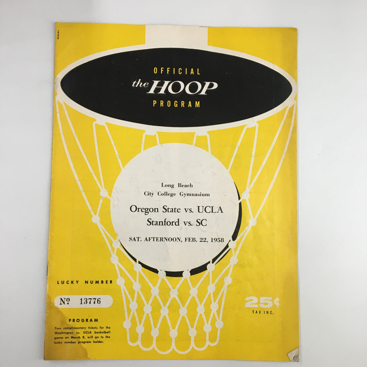 February 22, 1958 NCAA Basketball Official Program cover featuring the matchup Oregon State vs UCLA, showcasing a vintage design with a basketball net graphic.