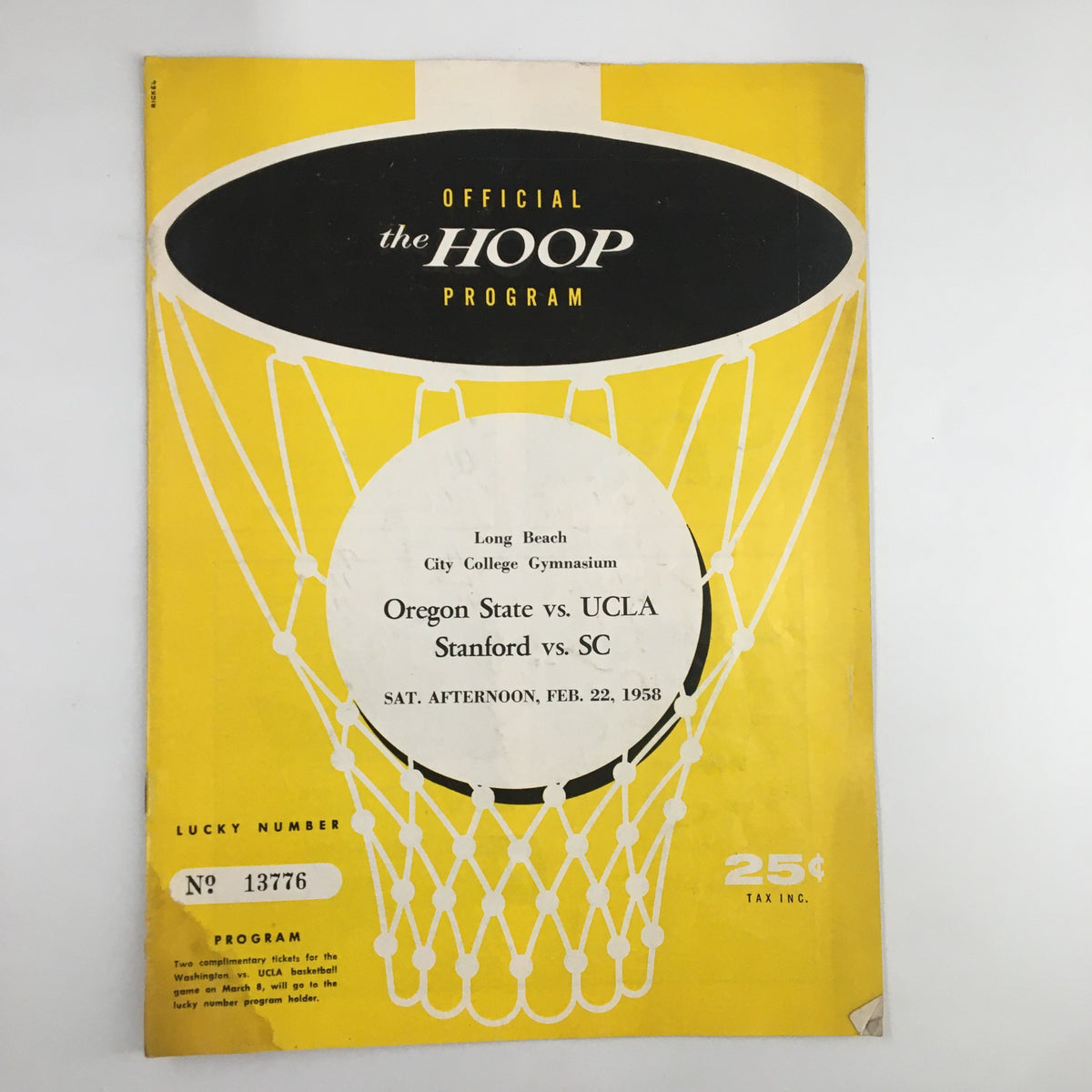 Close-up of the February 22, 1958 NCAA Basketball Official Program cover, highlighting the Oregon State vs UCLA game details with bright yellow and black color scheme.