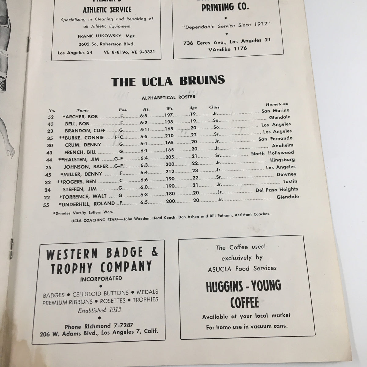 February 22, 1958 NCAA Basketball Oregon State vs UCLA Official Program displaying a roster page for the UCLA Bruins with water damage.