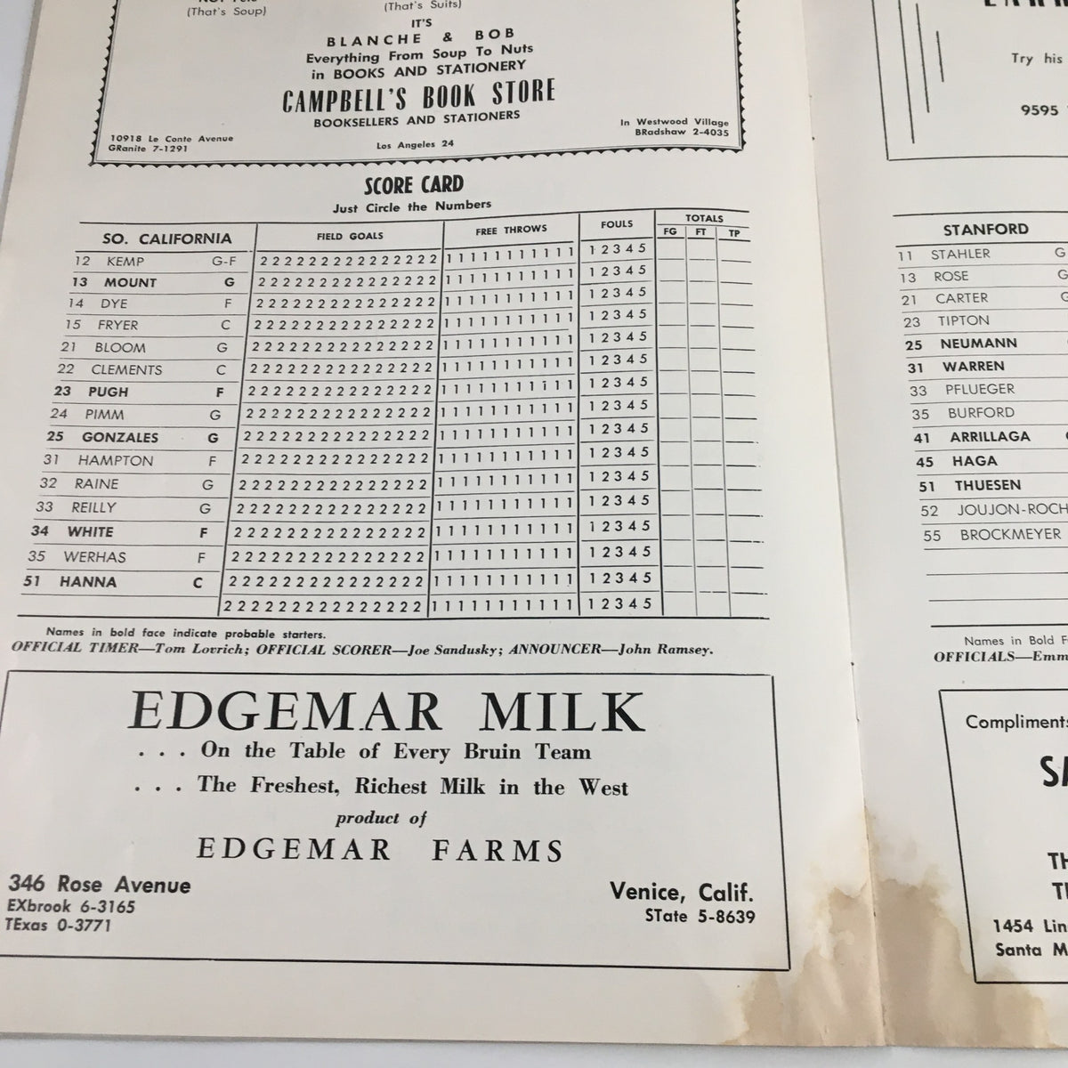 February 22, 1958 NCAA Basketball Oregon State vs UCLA Official Program containing a page with scorekeeping details and stains visible.