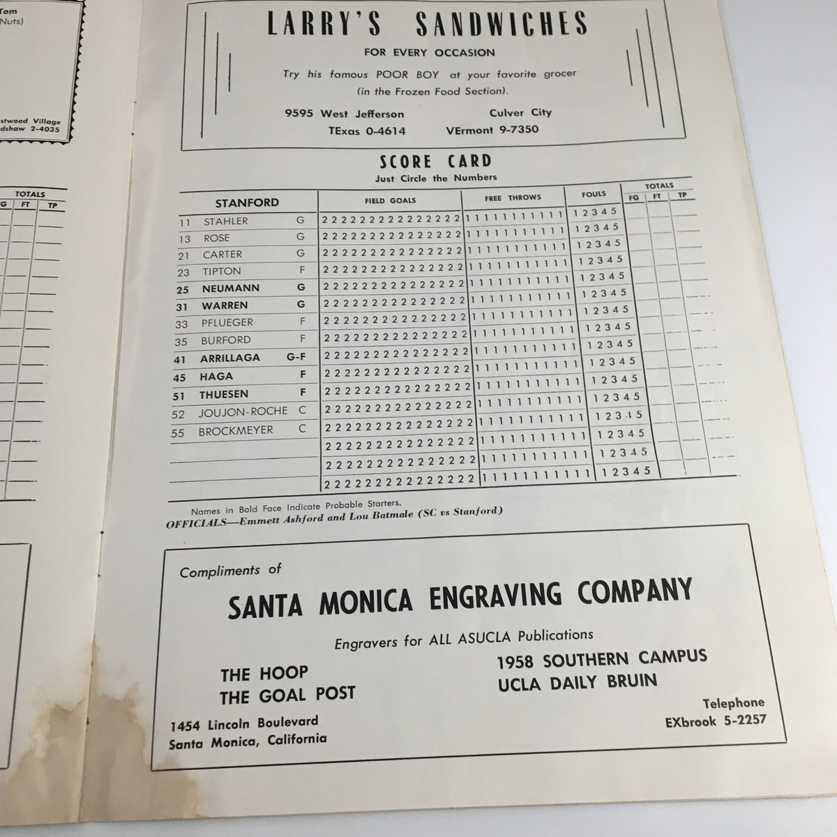 Score card from the February 22, 1958 NCAA Basketball Oregon State vs UCLA official program, featuring player statistics and organizational credits.