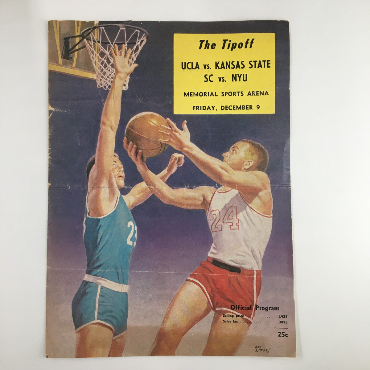 Official program cover for the December 9, 1954 NCAA Basketball game between UCLA and Kansas State, featuring a vibrant illustration of two players in action.