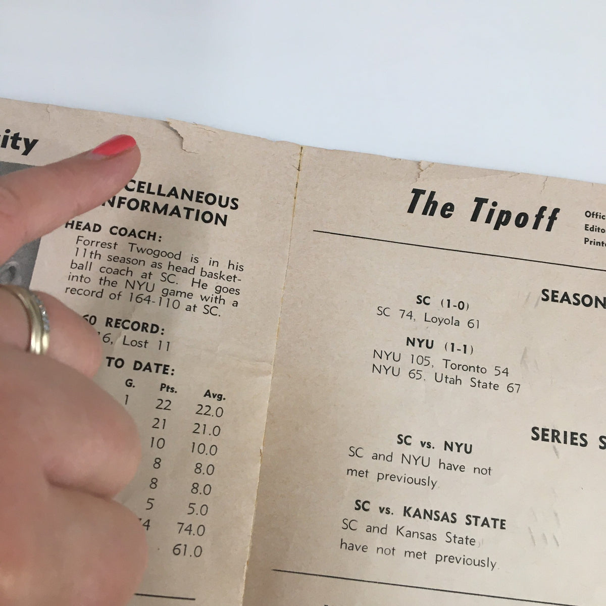 Inside page of December 9 1954 NCAA Basketball UCLA vs Kansas State The Tipoff Official Program showing coaching information and team records.