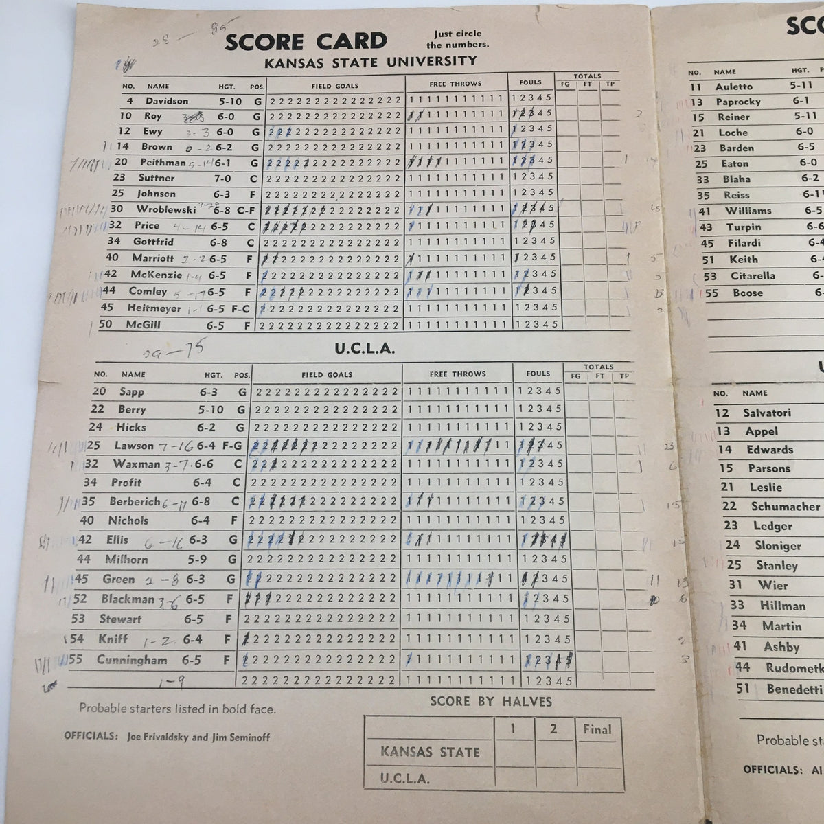 Score card section for Kansas State and UCLA in December 9 1954 NCAA Basketball UCLA vs Kansas State The Tipoff Official Program.