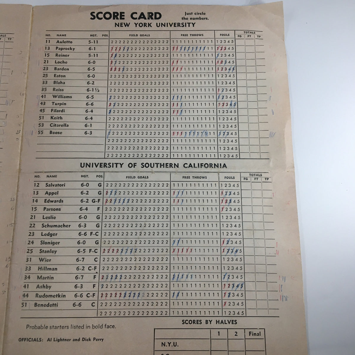 Scorecard for the December 9 1954 NCAA Basketball game between New York University and the University of Southern California, featuring player statistics and final scores.