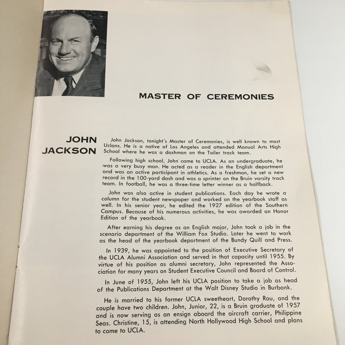Master of Ceremonies page from the March 12, 1958 NCAA Basketball UCLA Bruins 39th Annual Basketball Banquet showing a brief biography of John Jackson.