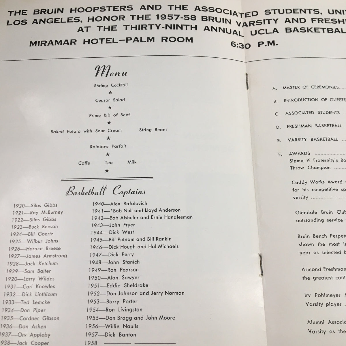 Menu page of the March 12, 1958 NCAA Basketball UCLA Bruins 39th Annual Basketball Banquet detailing items served at the event.