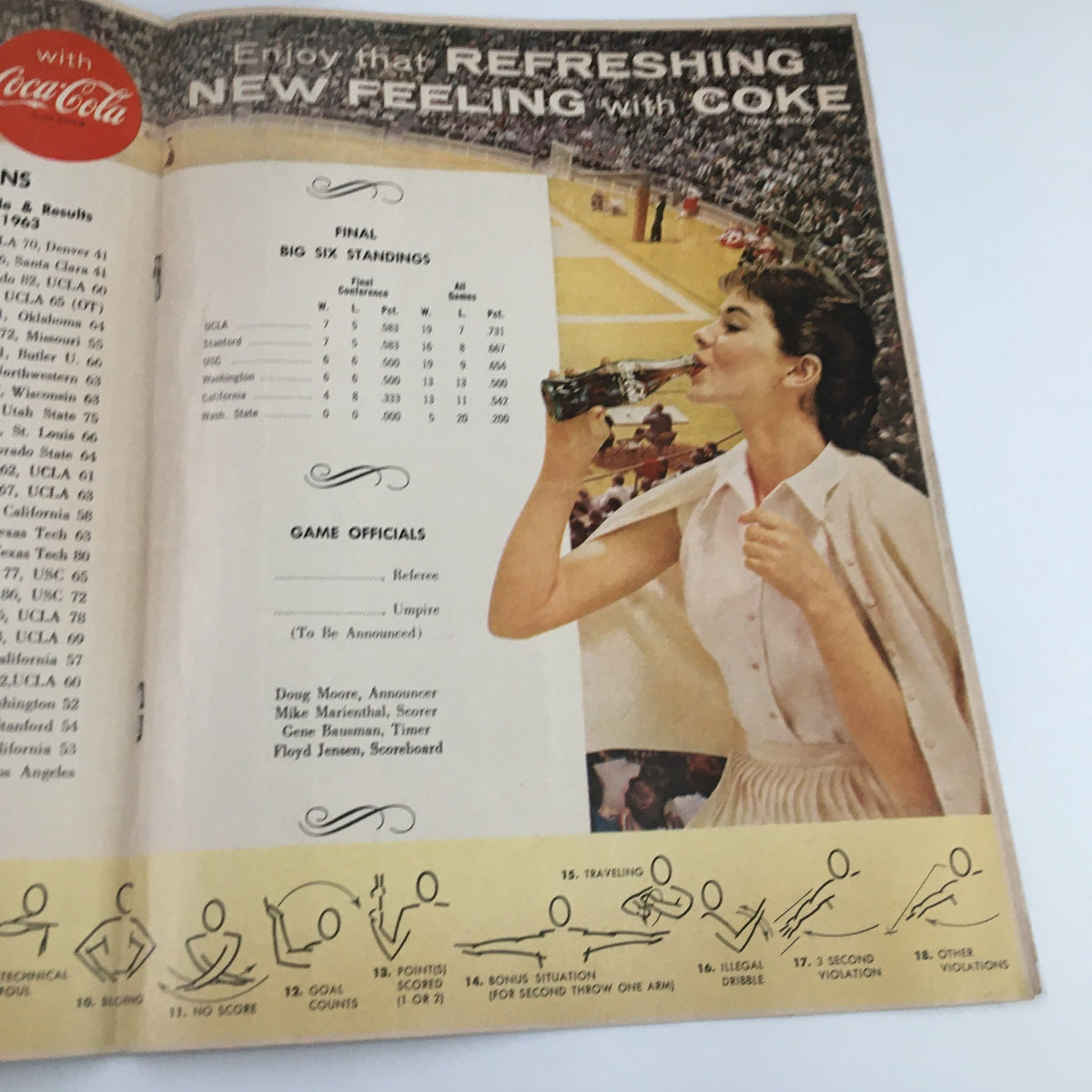 March 12 1963 NCAA Basketball Stanford vs UCLA Official Program page displaying final standings and game officials with a Coca-Cola advertisement.
