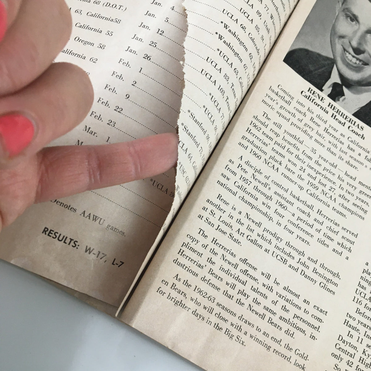 Interior page of the March 9 1963 NCAA Basketball California vs UCLA The Hoop Official Program, displaying the game schedule and historical notes.