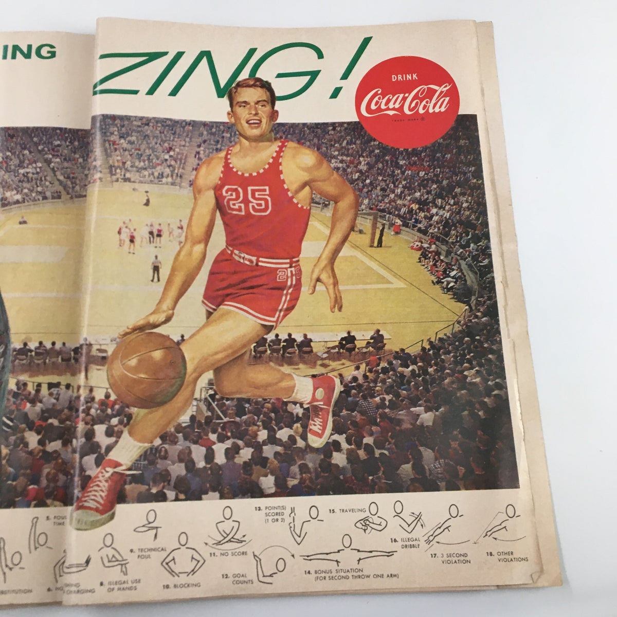 Illustration of a basketball player with Coca-Cola advertisement in the March 9 1963 NCAA Basketball official program California vs UCLA.