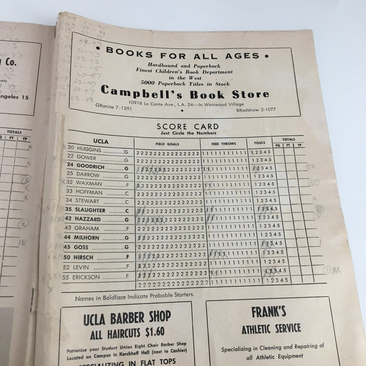 Score card page from the March 9 1963 NCAA Basketball California vs UCLA Official Program featuring player statistics and team details.