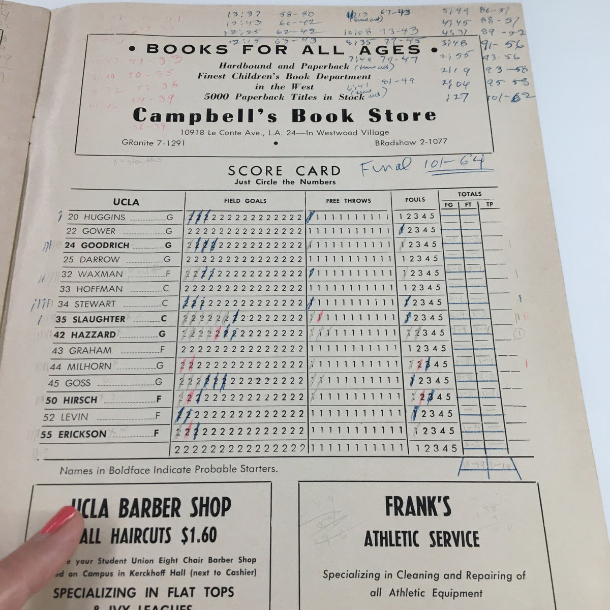 Scorecard page from the December 14 1962 NCAA Basketball Oklahoma vs UCLA Official Program showcasing UCLA's team scores and additional notes.