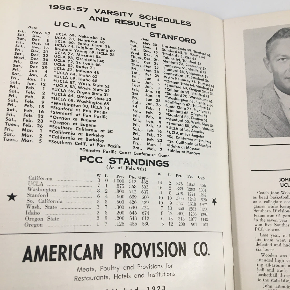 February 16 1967 NCAA Basketball Stanford vs UCLA Official Program inside page displaying the 1956-57 varsity schedules and results for UCLA and Stanford.