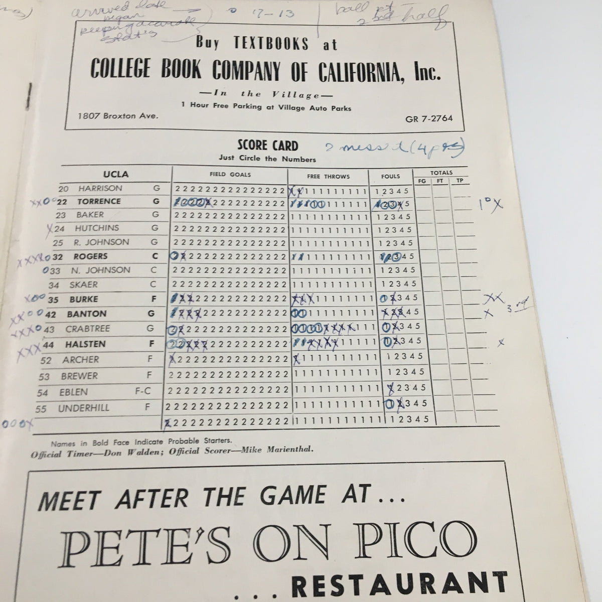 February 16 1967 NCAA Basketball Stanford vs UCLA Official Program scorecard for UCLA, including player statistics and results from the game.