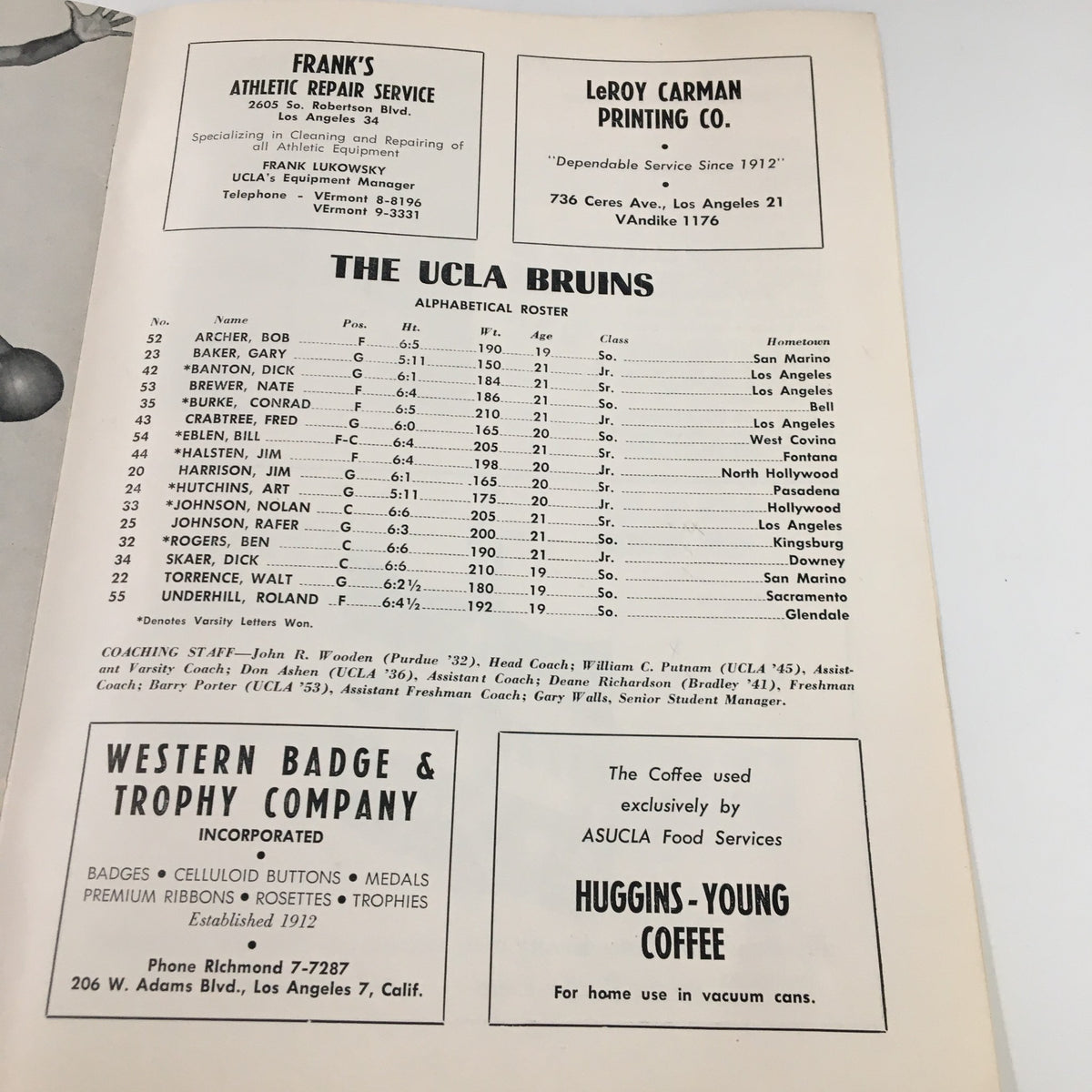 Alphabetical roster of UCLA Bruins from the February 16, 1967 NCAA Basketball Stanford vs UCLA Official Program, highlighting players and statistics.