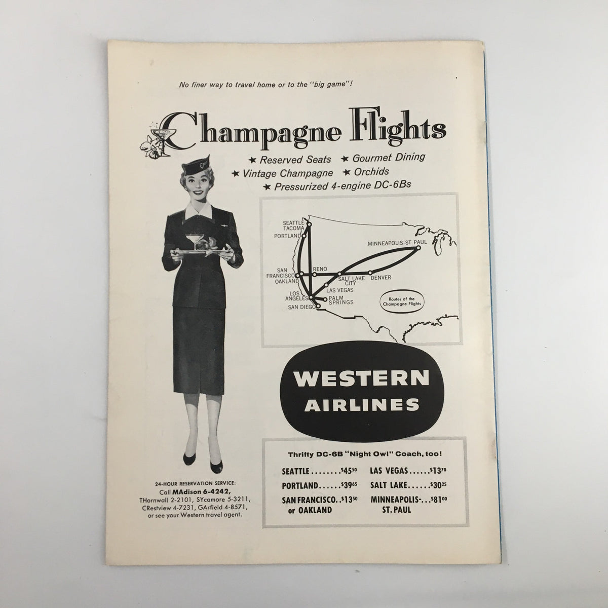 Vintage advertisement for Western Airlines from the February 16, 1967 NCAA Basketball Stanford vs UCLA Official Program, featuring travel options and amenities.