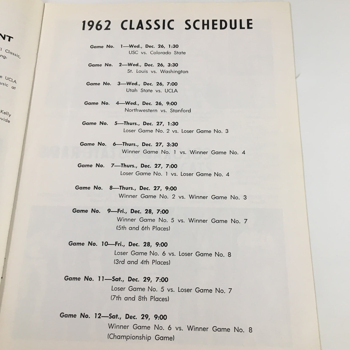 1962 classic basketball schedule detailing game times and matchups from the December 26 1962 NCAA Utah State vs UCLA Basketball Classic Official Program.
