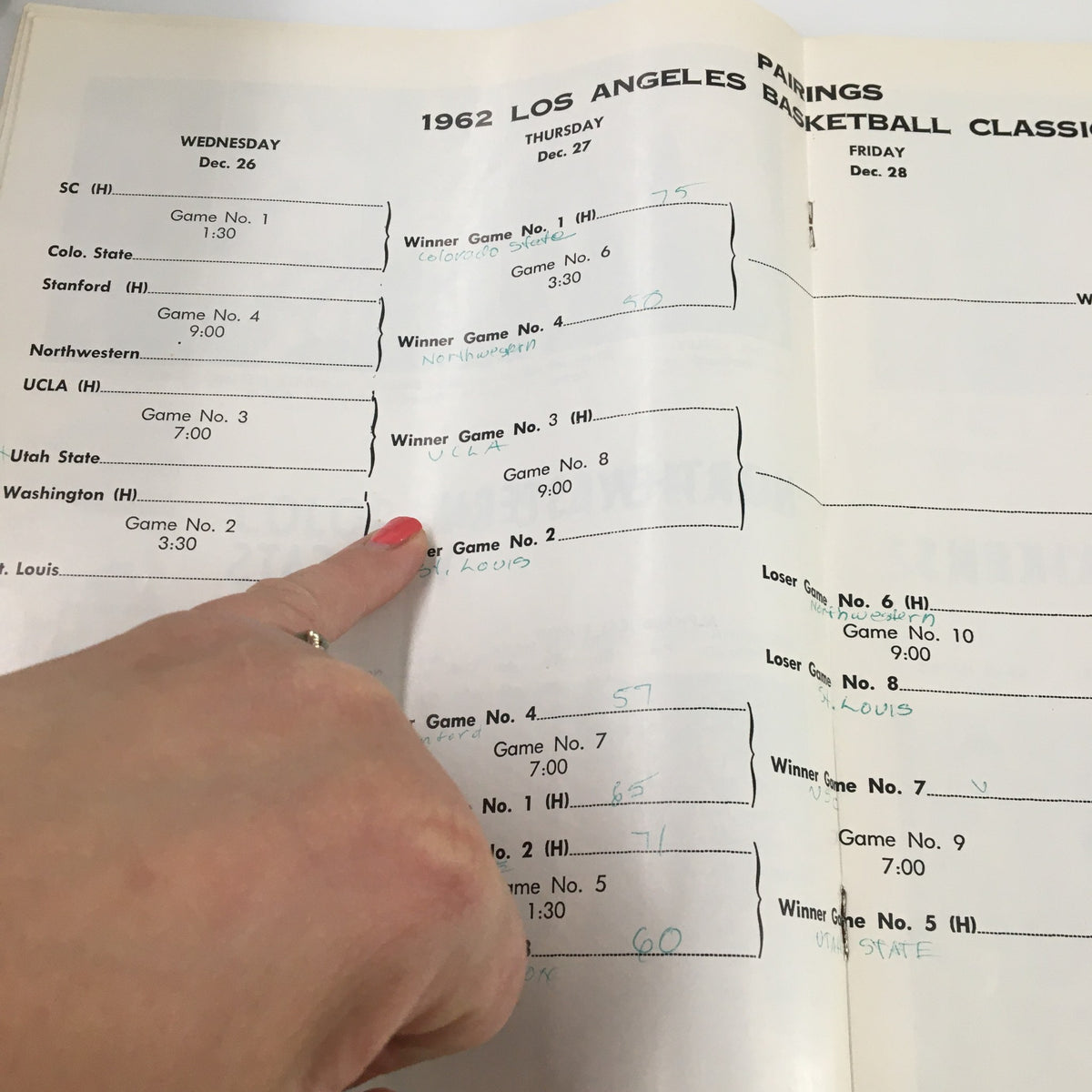 Highlighted game results and winners chart from the December 26 1962 NCAA Utah State vs UCLA Basketball Classic Official Program.