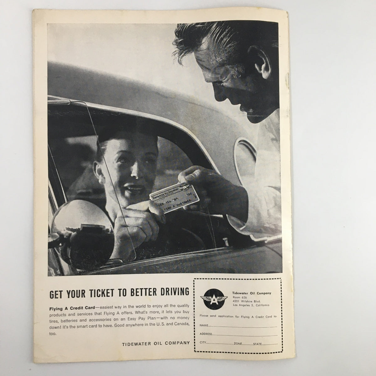 Advertisement page from the December 26 1962 NCAA Utah State vs UCLA Basketball Classic Official Program, featuring a promotion for Tidewater Oil Company's Flying A Credit Card.
