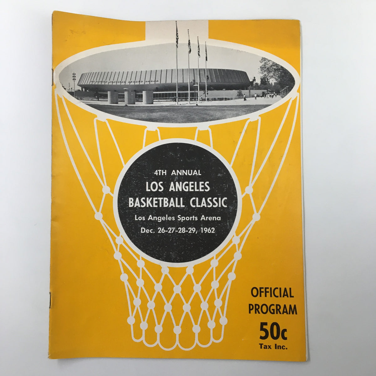Cover of the December 26 1962 NCAA St. Louis vs UCLA Basketball Classic Official Program, featuring a basketball design and Los Angeles Sports Arena backdrop.