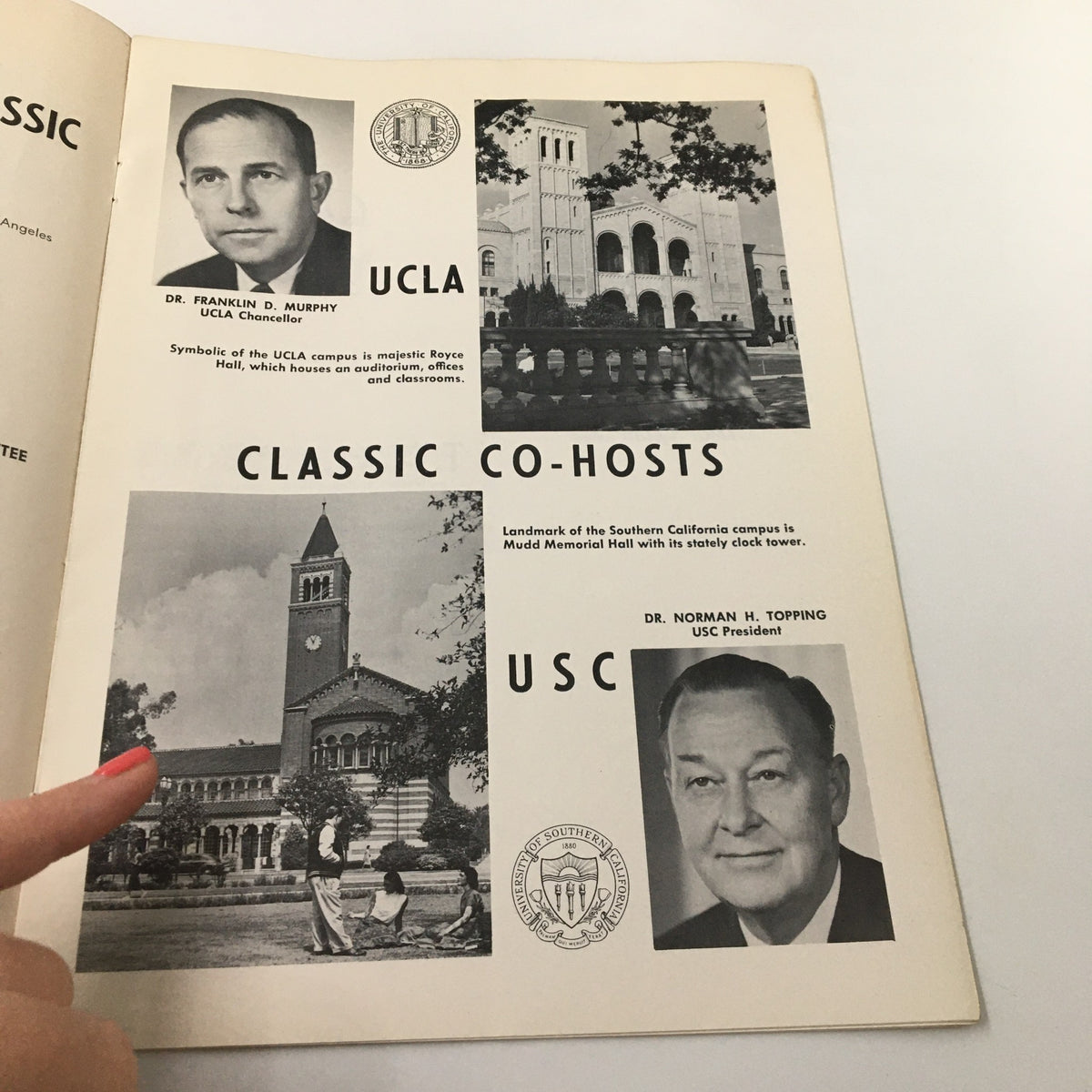 Inside view of the December 26 1962 NCAA St. Louis vs UCLA Basketball Classic Official Program, highlighting co-hosts UCLA and USC with images of campus landmarks and university officials.