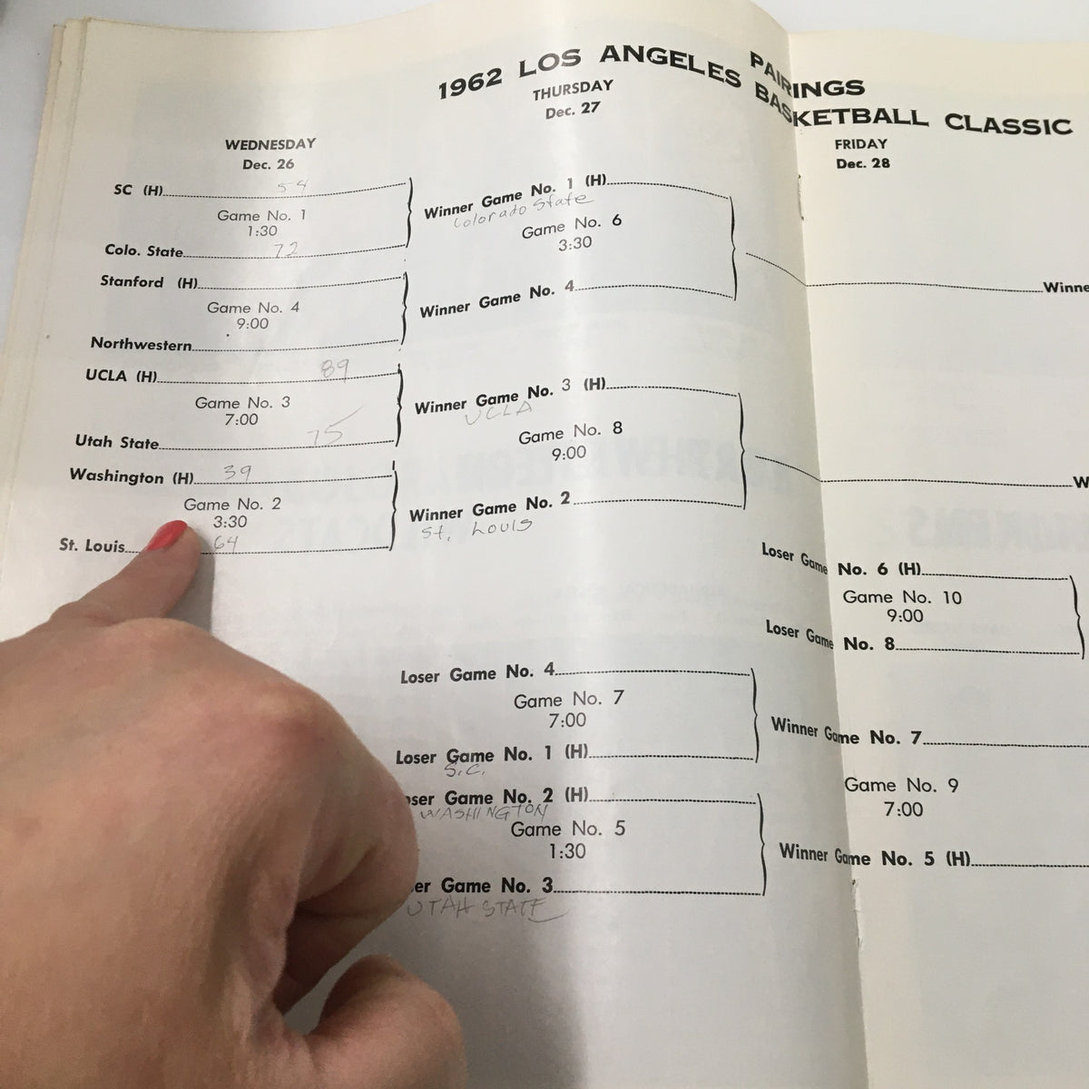 Bracket page from the December 26 1962 NCAA St. Louis vs UCLA Basketball Classic Official Program, detailing game pairings and times for the tournament.
