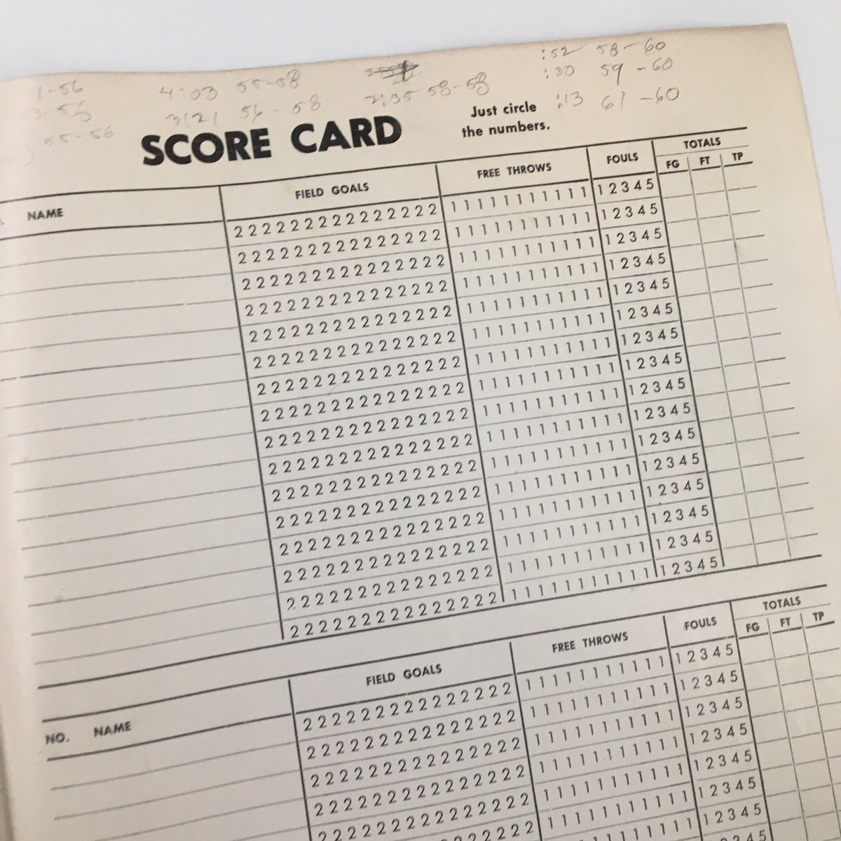 Scorecard from the December 26 1962 NCAA St. Louis vs UCLA Basketball Classic, featuring organized columns for field goals, free throws, and total scores.
