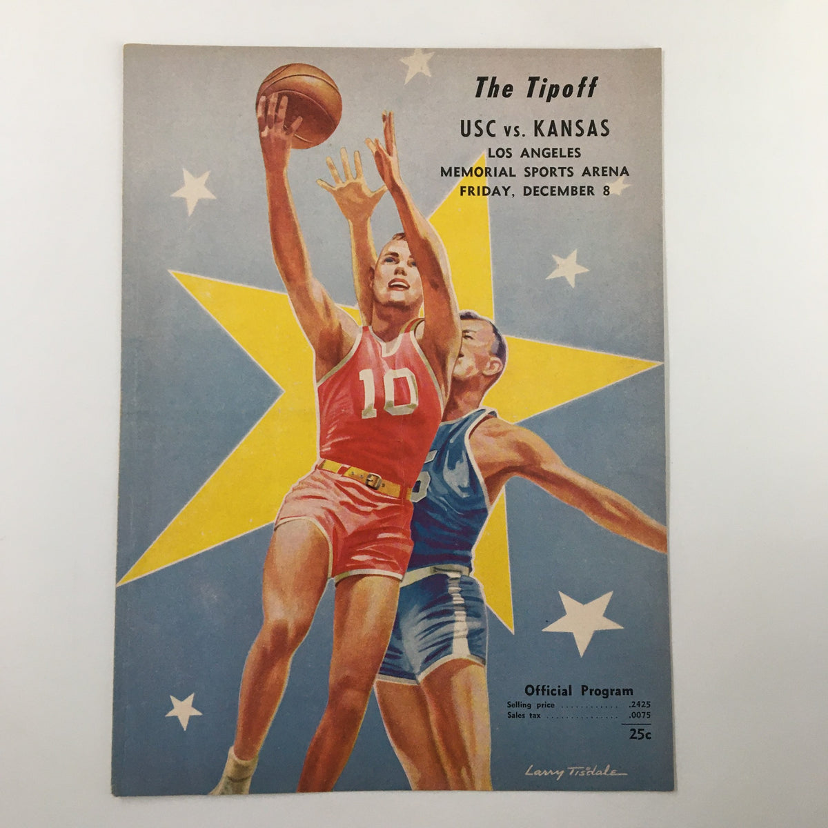 Cover of the official program for December 8, 1961 NCAA Basketball USC vs Kansas, featuring a dynamic illustration of players with a star background.