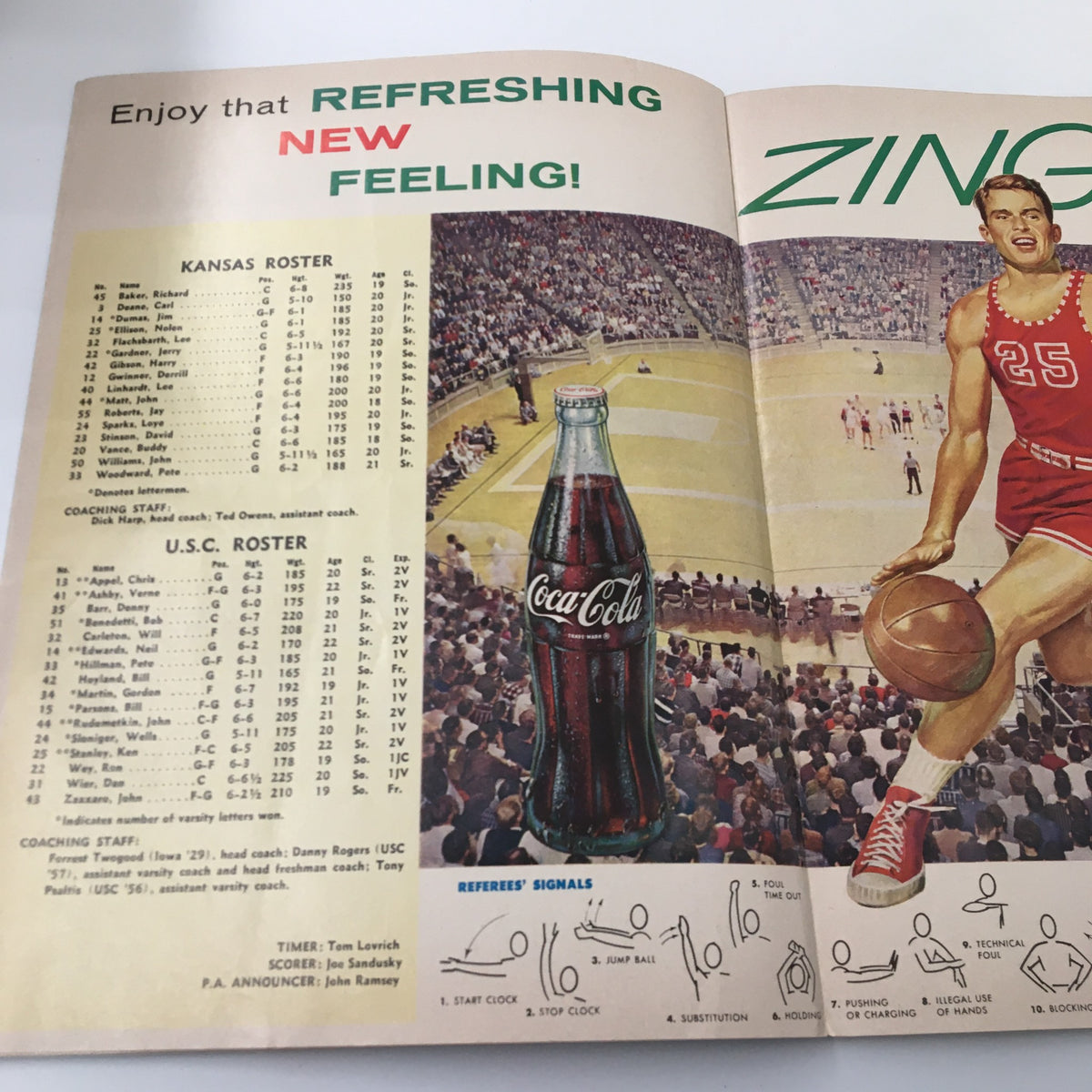 View of the Kansas and USC rosters from the December 8 1961 NCAA Basketball USC vs Kansas official program, featuring player statistics and a Coca-Cola advertisement.