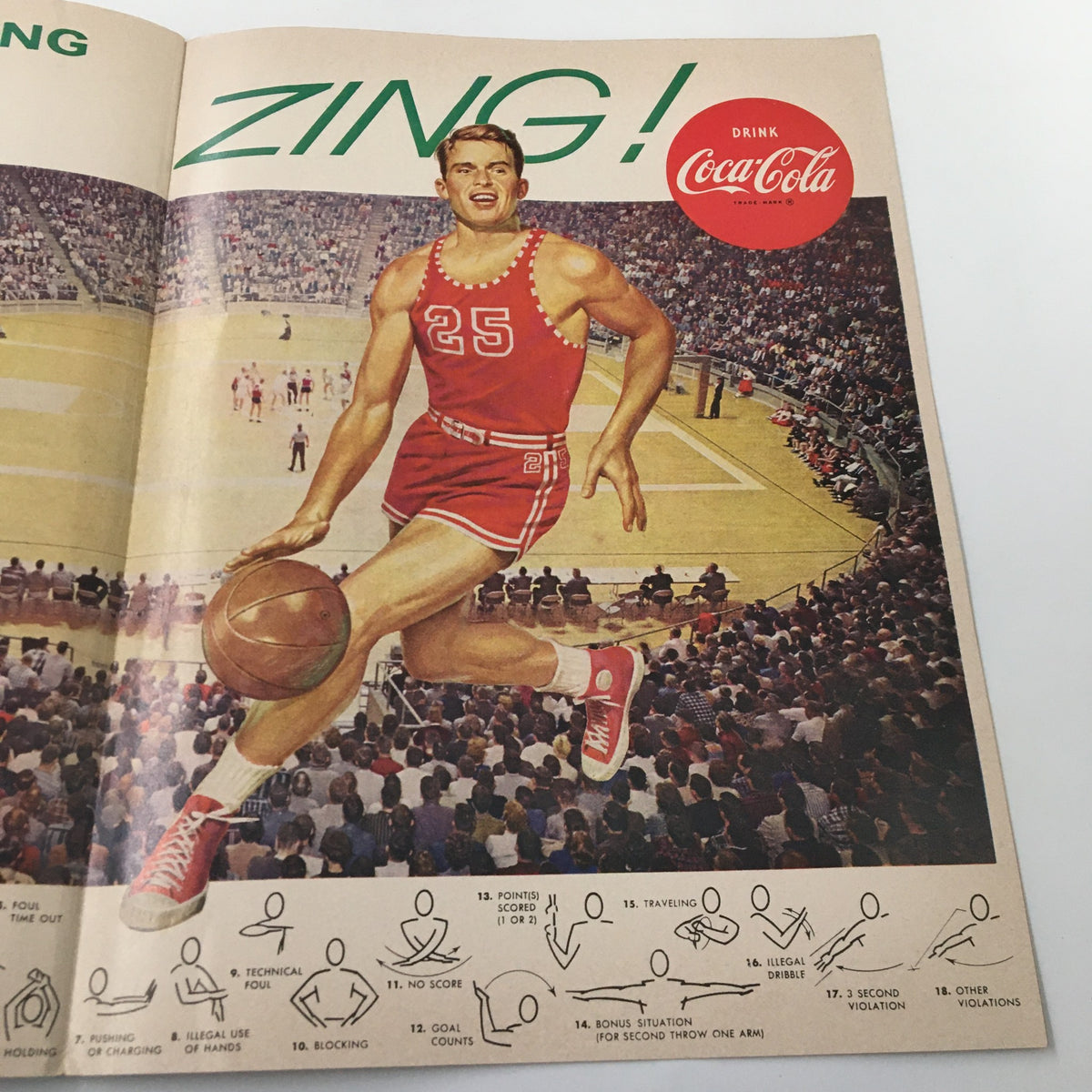 Cover illustration from the December 8 1961 NCAA Basketball USC vs Kansas official program, showcasing a player in a red uniform with a Coca-Cola advertisement in the background.