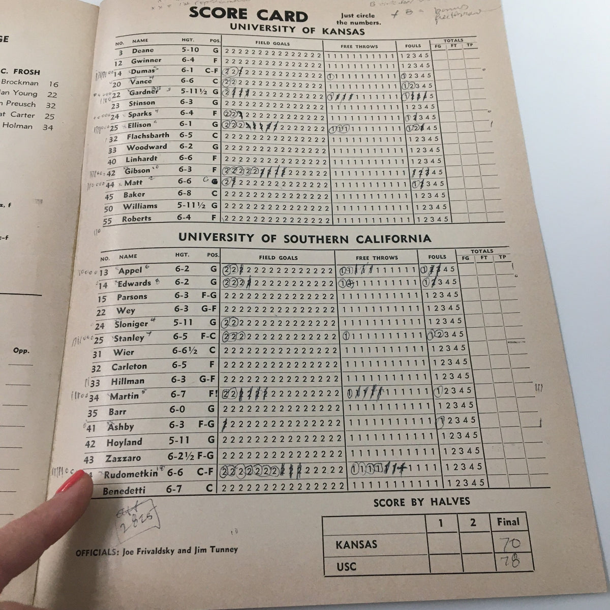 Scorecard page from the December 8 1961 NCAA Basketball USC vs Kansas official program, detailing the final scores and statistics for both teams.