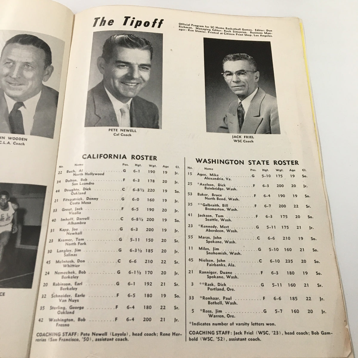 February 8 1961 NCAA Basketball UCLA vs California - Cal and USC Team Rosters featuring coaches Pete Newell and Jack Riel.