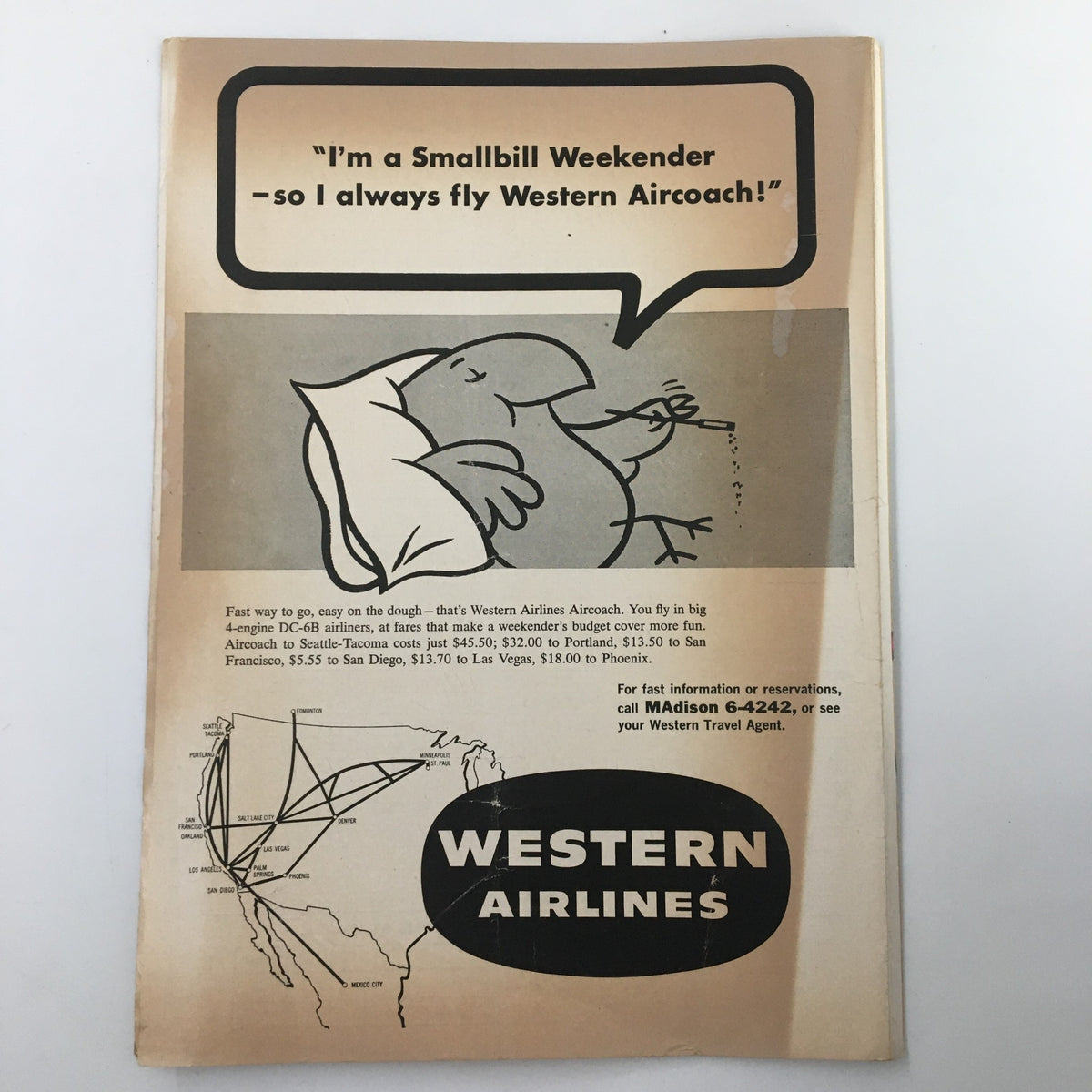 An advertisement from the February 8, 1961 NCAA Basketball UCLA vs California official program, featuring a cartoon character relaxing with text about flying Western Airlines.