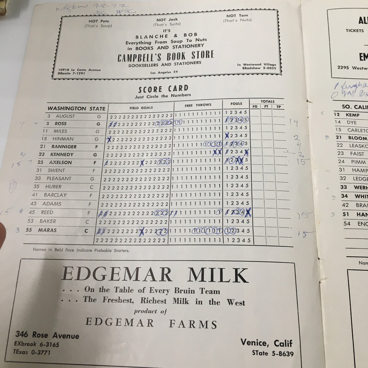 Interior page of the January 10 1959 NCAA Basketball Oregon State vs UCLA The Hoop Official Program featuring the scorecard for Washington State.