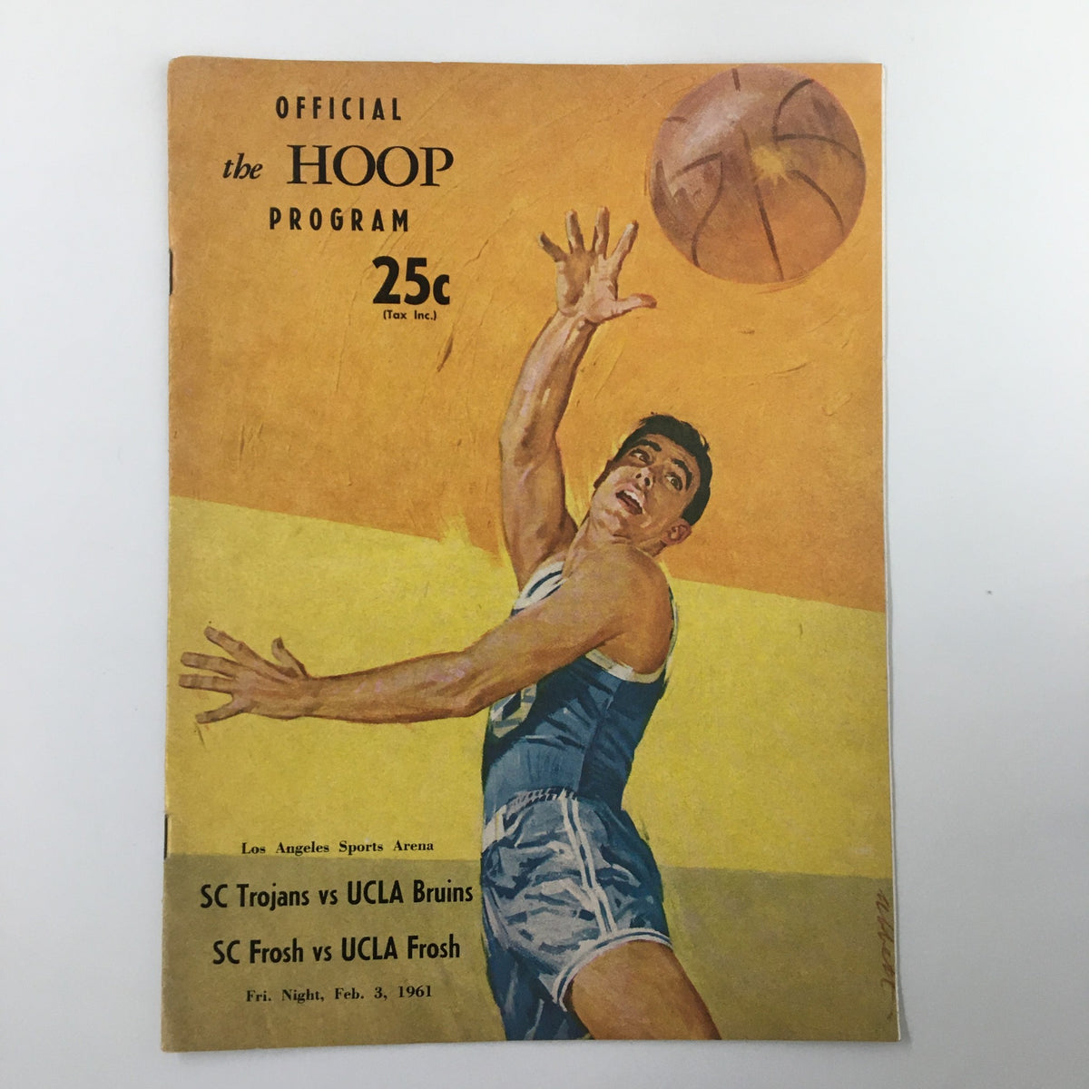Official program 'The Hoop' for the February 3, 1961 NCAA Basketball game between SC Trojans and UCLA Bruins, featuring a player in action on the cover.