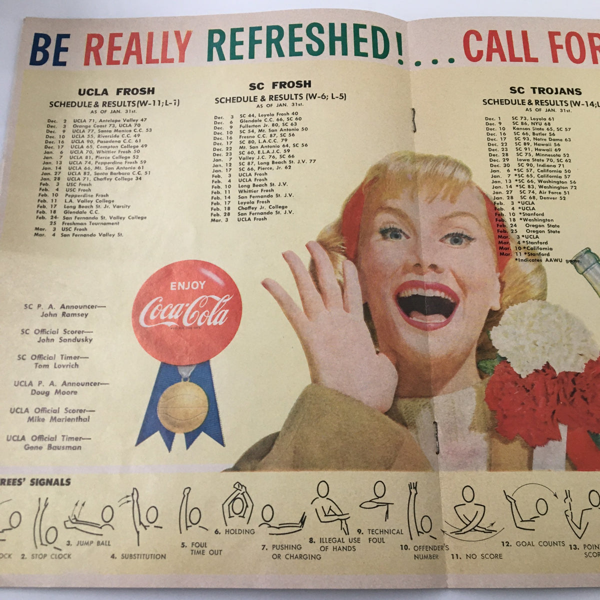 February 3 1961 NCAA Basketball SC vs UCLA Bruins Official Program - Advertisement featuring a nostalgic Coca-Cola image and the junior varsity team schedules.