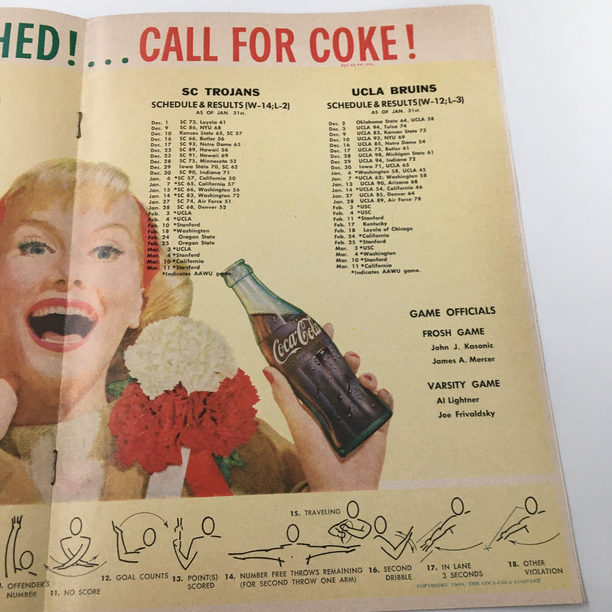 February 3 1961 NCAA Basketball SC vs UCLA Bruins Official Program - Additional Coca-Cola advertisement and detailed schedule of SC Trojans and UCLA Bruins.