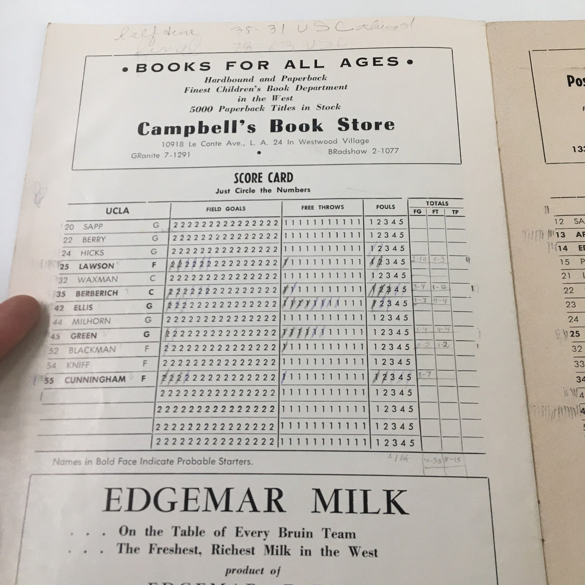 February 3 1961 NCAA Basketball SC vs UCLA Bruins Official Program - Scorecard page for recording game statistics during the SC vs UCLA Bruins game.