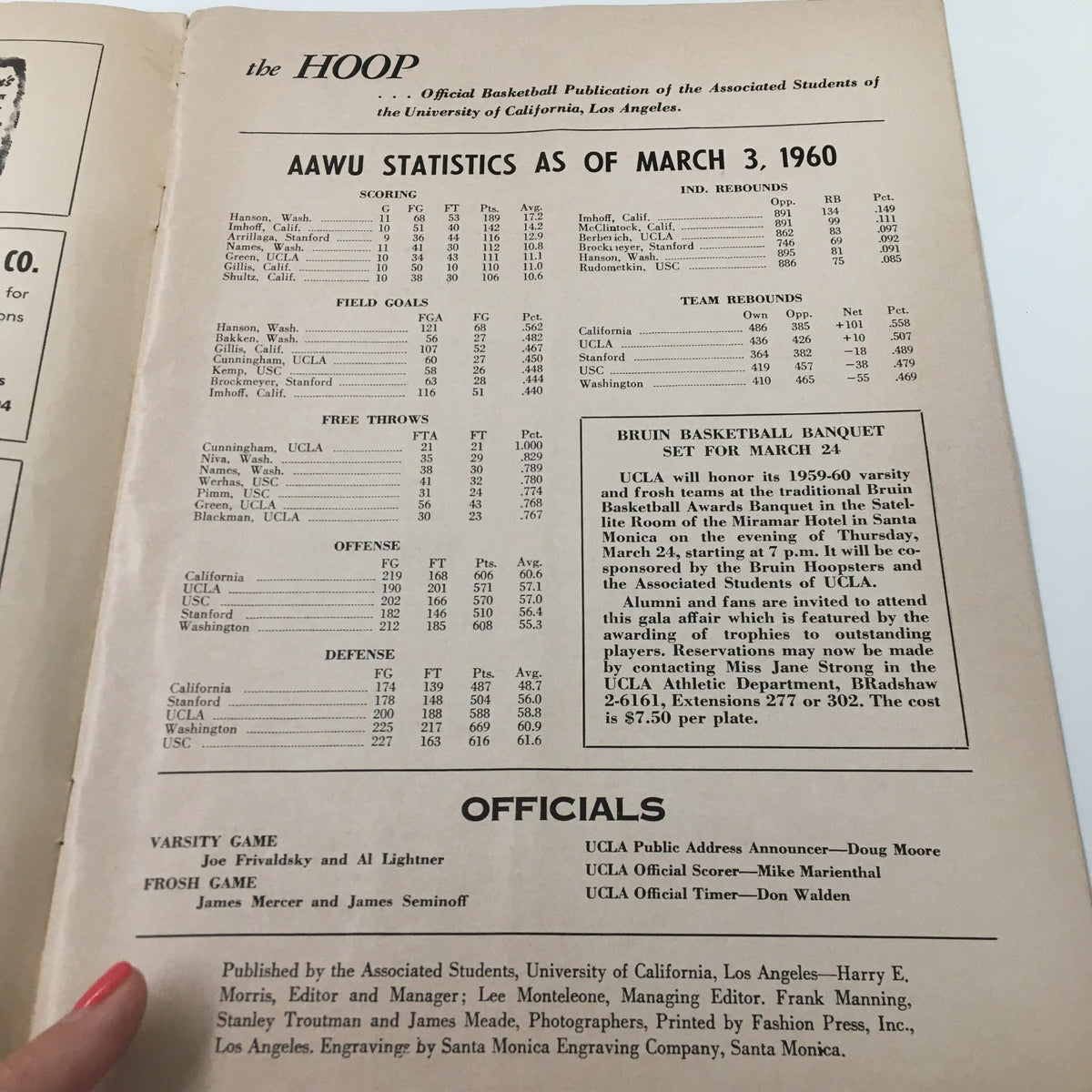 Interior page of the March 5 1960 NCAA Basketball SC vs UCLA The Hoop Official Program displaying AAWU statistics as of March 3, 1960, highlighting player and team performance data.