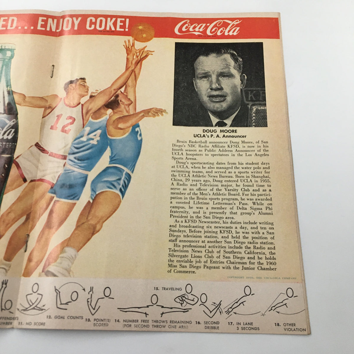 Vintage advertisement featuring Doug Moore, UCLA's PA Announcer, alongside a basketball action shot, from the March 5 1960 NCAA Basketball SC vs UCLA The Hoop Official Program.