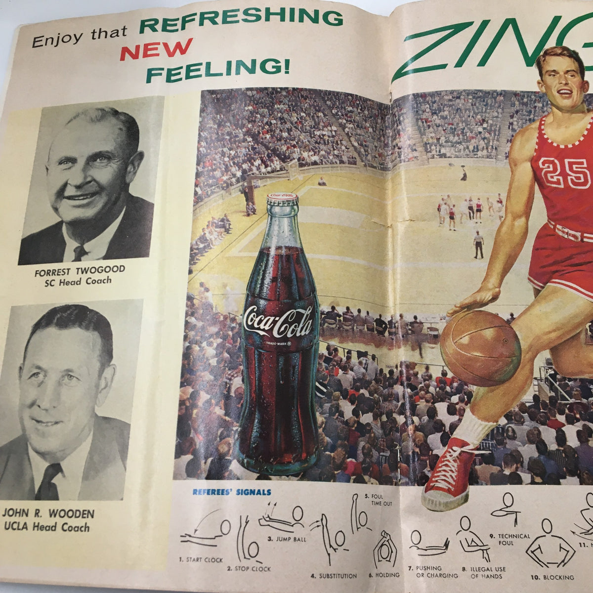 February 17 1962 NCAA Basketball SC vs UCLA Bruins The Hoop Official Program featuring the page with coaches Forrest Twogood and John R. Wooden alongside a Coca-Cola advertisement.