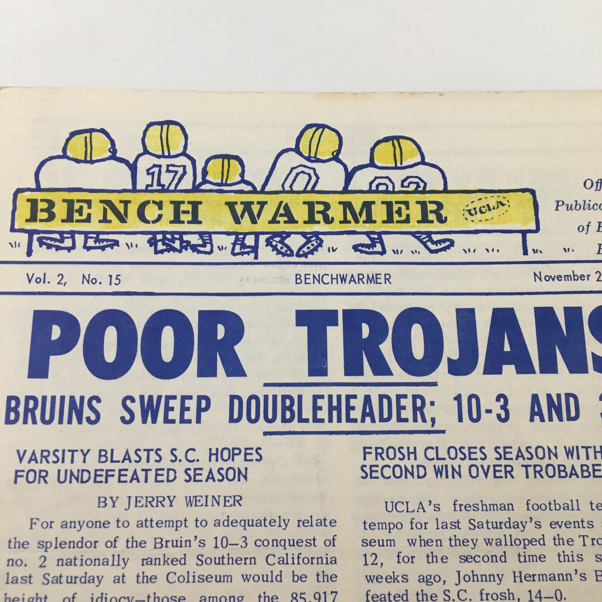 Close-up of the November 29 1959 NCAA Basketball UCLA vs SC Official Bruin Bench Program showing the title 'Poor Trojans' and details on the matchup and game highlights.