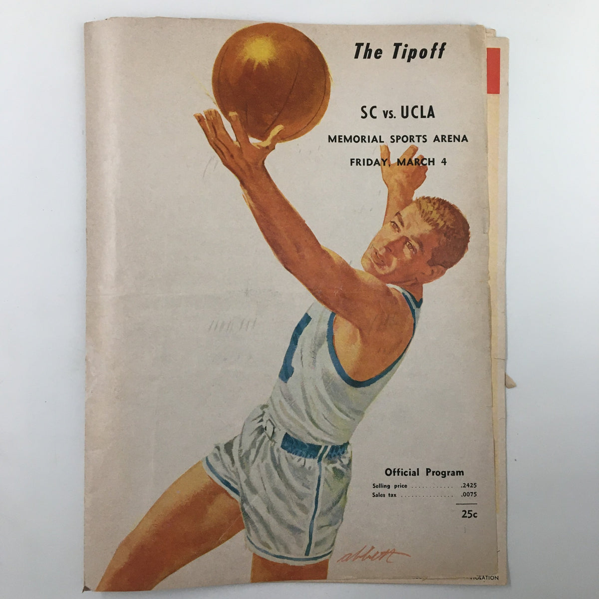 March 4 1955 NCAA Basketball SC vs UCLA Bruins Official Program cover featuring a dynamic illustration of a player in action, showcasing the excitement of college basketball.