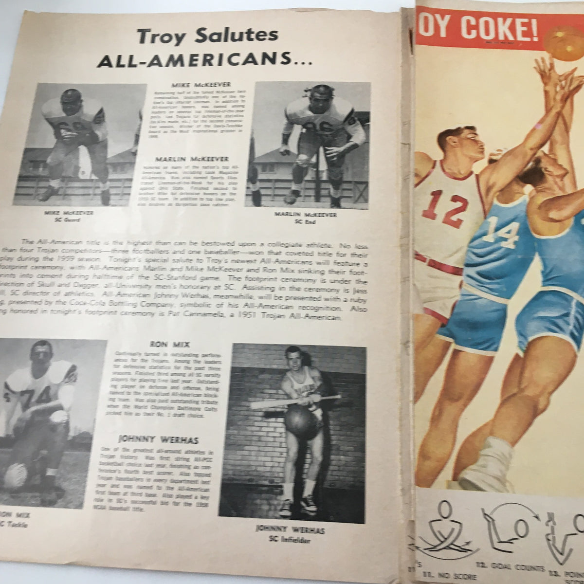 March 4 1955 NCAA Basketball SC vs UCLA Bruins Official Program interior page highlighting notable players Mike Makiever and Johnny Werhas, celebrating All-Americans in college basketball.