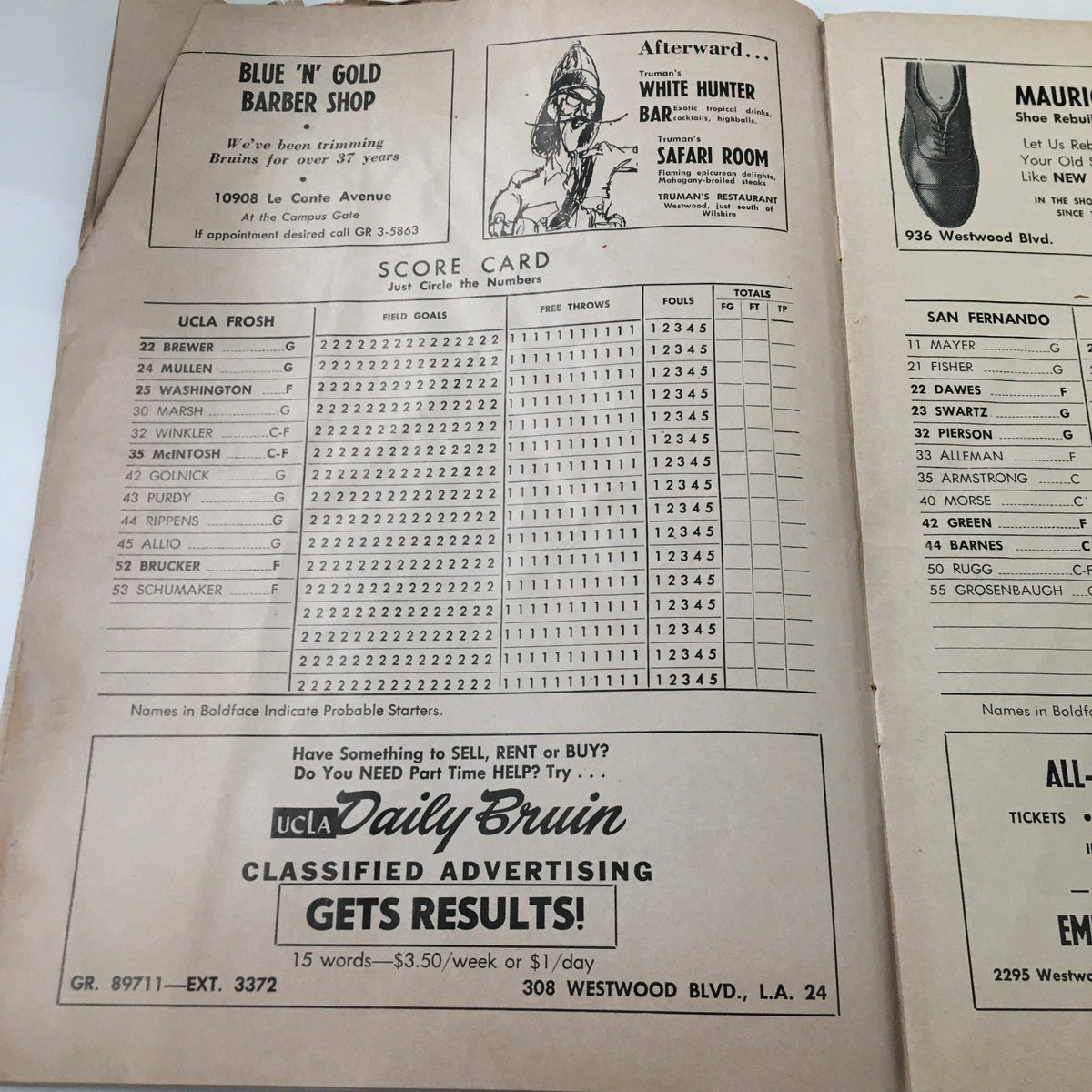 Scorecard page from March 8 1963 NCAA Basketball Stanford vs UCLA program listing stats for UCLA Frosh players.