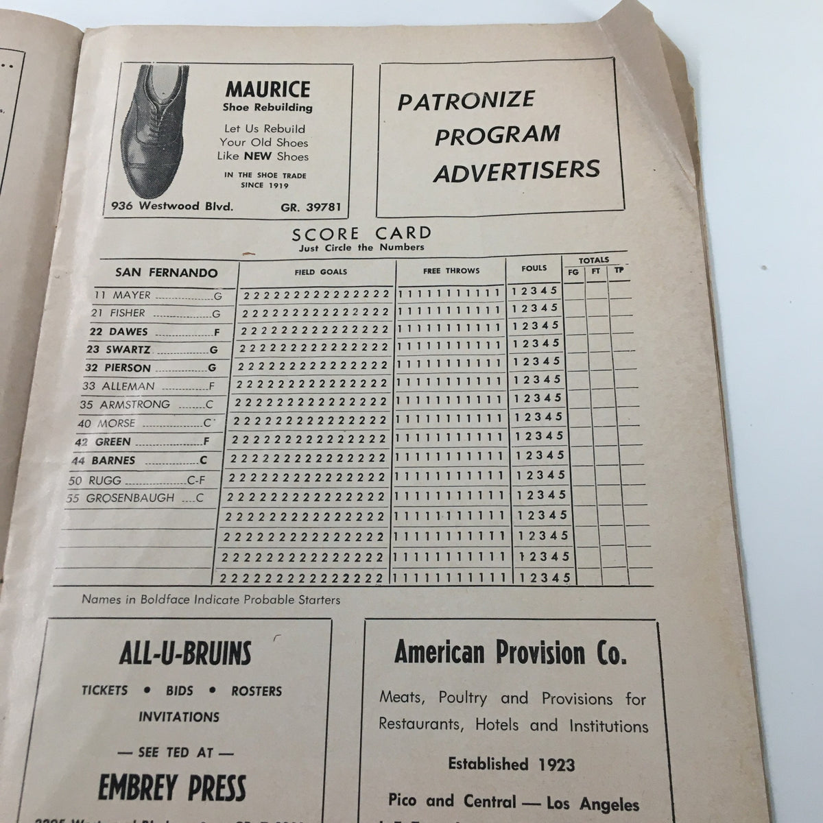 Scorecard page from March 8 1963 NCAA Basketball Stanford vs UCLA program detailing San Fernando Valley State team statistics.