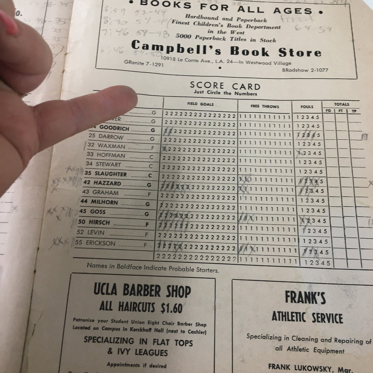 Scorecard from the March 8 1963 NCAA Basketball Stanford vs UCLA The Hoop Official Program, featuring player statistics for the UCLA team.