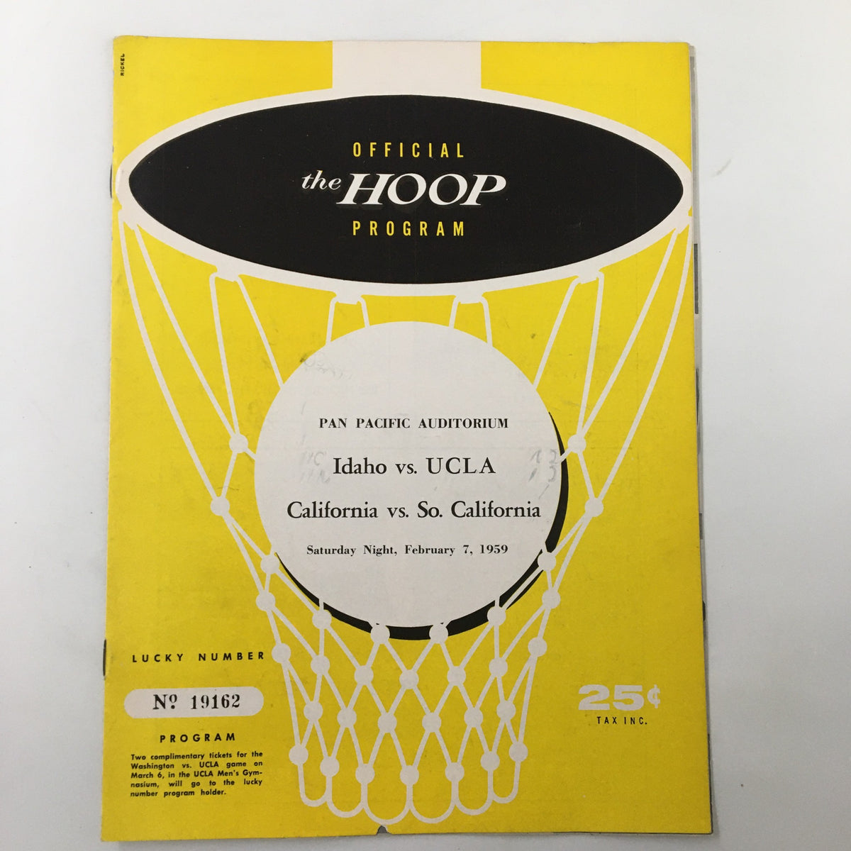 Cover of the February 7, 1959 NCAA Basketball Idaho vs UCLA Bruins official program featuring a basketball graphic and game details.