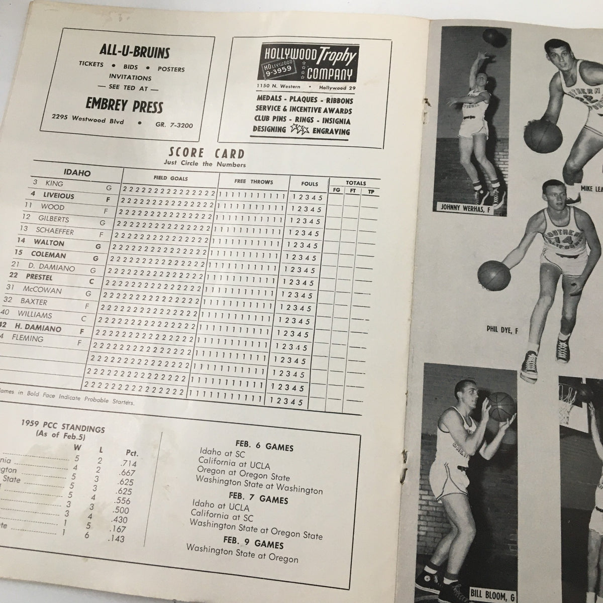 Inside page of the February 7, 1959 NCAA Basketball Idaho vs UCLA Bruins official program showing the scorecard and player statistics.