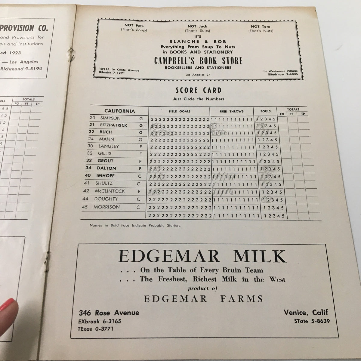 Scorecard from the February 7, 1959 NCAA Basketball game between Idaho and UCLA Bruins, highlighting players and stats, adding historical value to the official program.